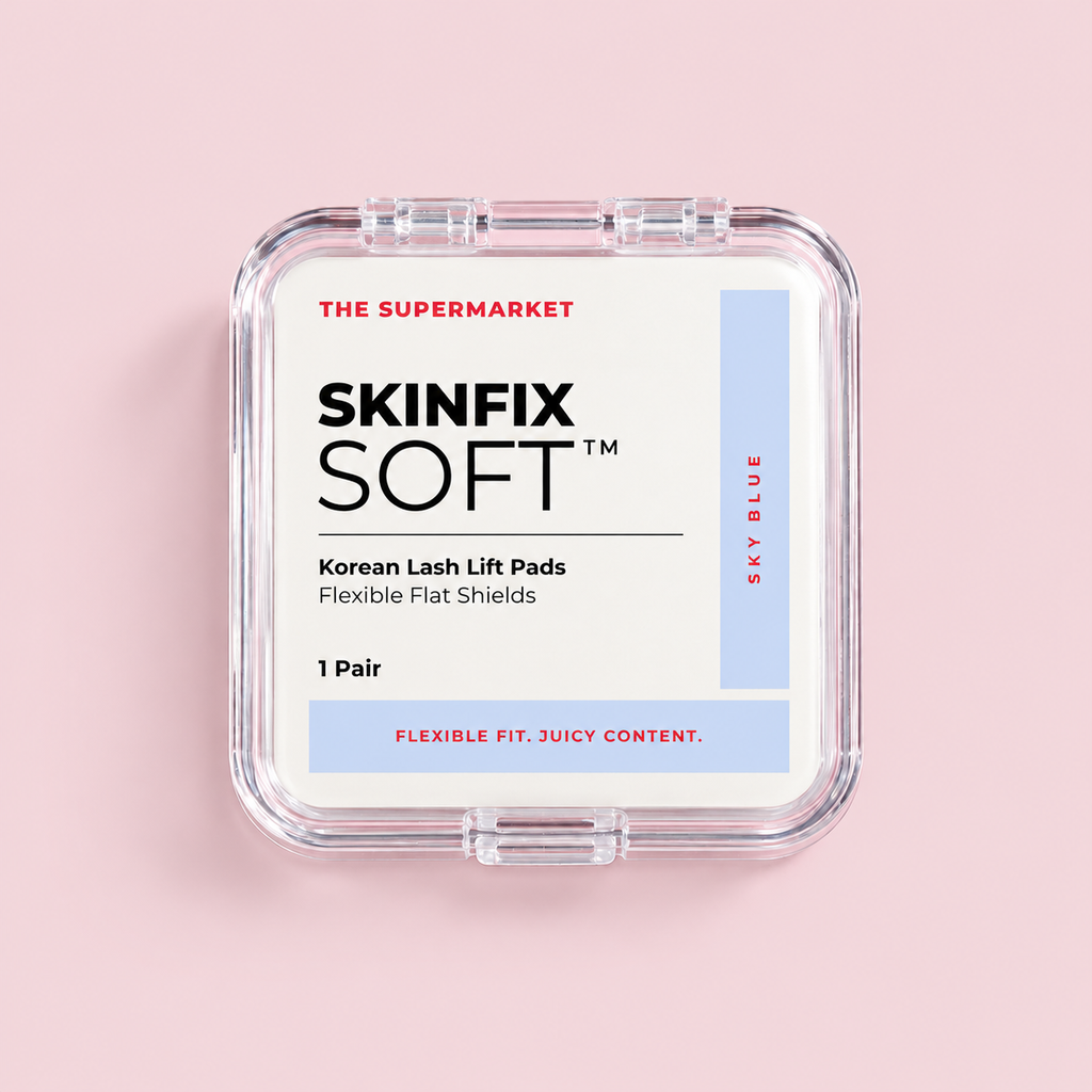 Pads SkinFix Soft Korean Lash Lift en bleu – Flat Shields stables en silicone dans leur étui, fermé